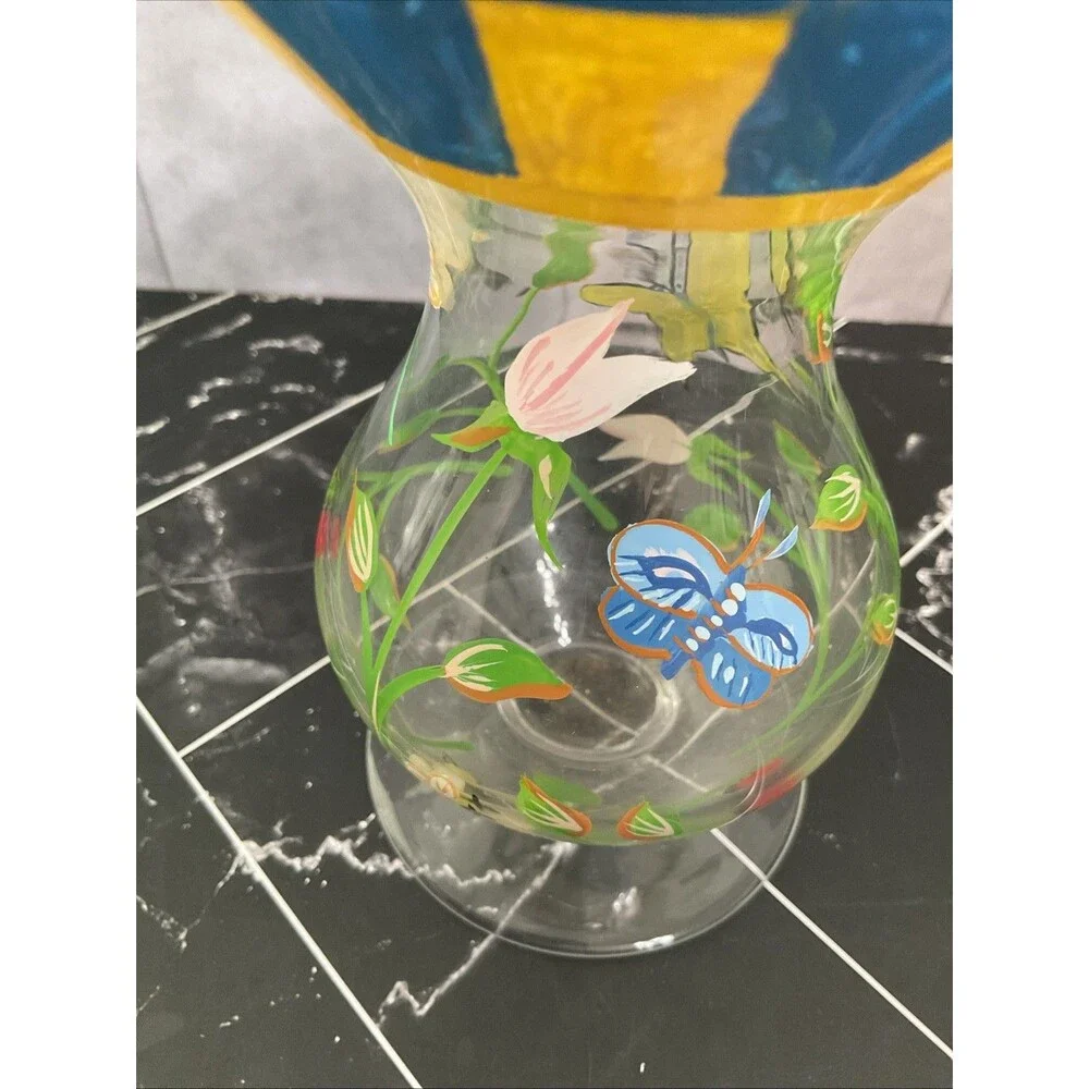 Butterfly Meadow Dragonfly Ladybug FlowerHand Painted Glass Vase 6”